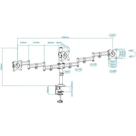 TooQ Soporte de Mesa para 3 Monitores 13'-27' DB1327TN-B, Giratorio e Inclinable, hasta 8kg por Pantalla TooQ Soporte de Mesa para 3 Monitores 13'-27' DB1327TN-B, Giratorio e Inclinable, hasta 8kg por Pantalla